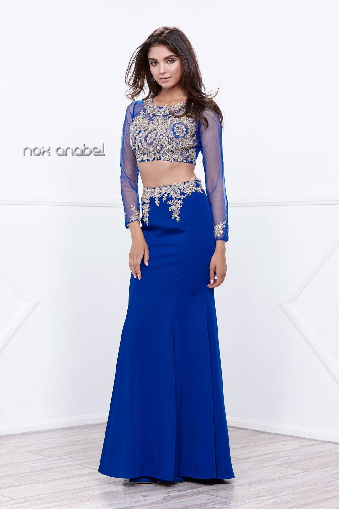 Long Sleeved Two-Piece Crop Top Dress by Nox Anabel 8368-Long Formal Dresses-ABC Fashion
