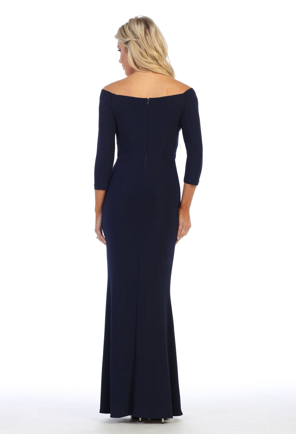 Long Sleeved V-Neck Gown with Side Slit by Celavie 6410-Long Formal Dresses-ABC Fashion