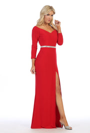 Long Sleeved V-Neck Gown with Side Slit by Celavie 6410-Long Formal Dresses-ABC Fashion