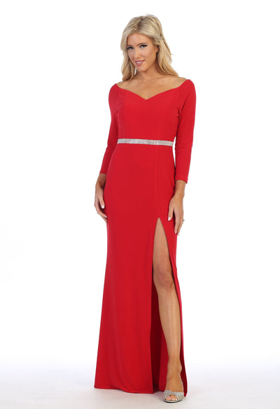 Long Sleeved V-Neck Gown with Side Slit by Celavie 6410-Long Formal Dresses-ABC Fashion