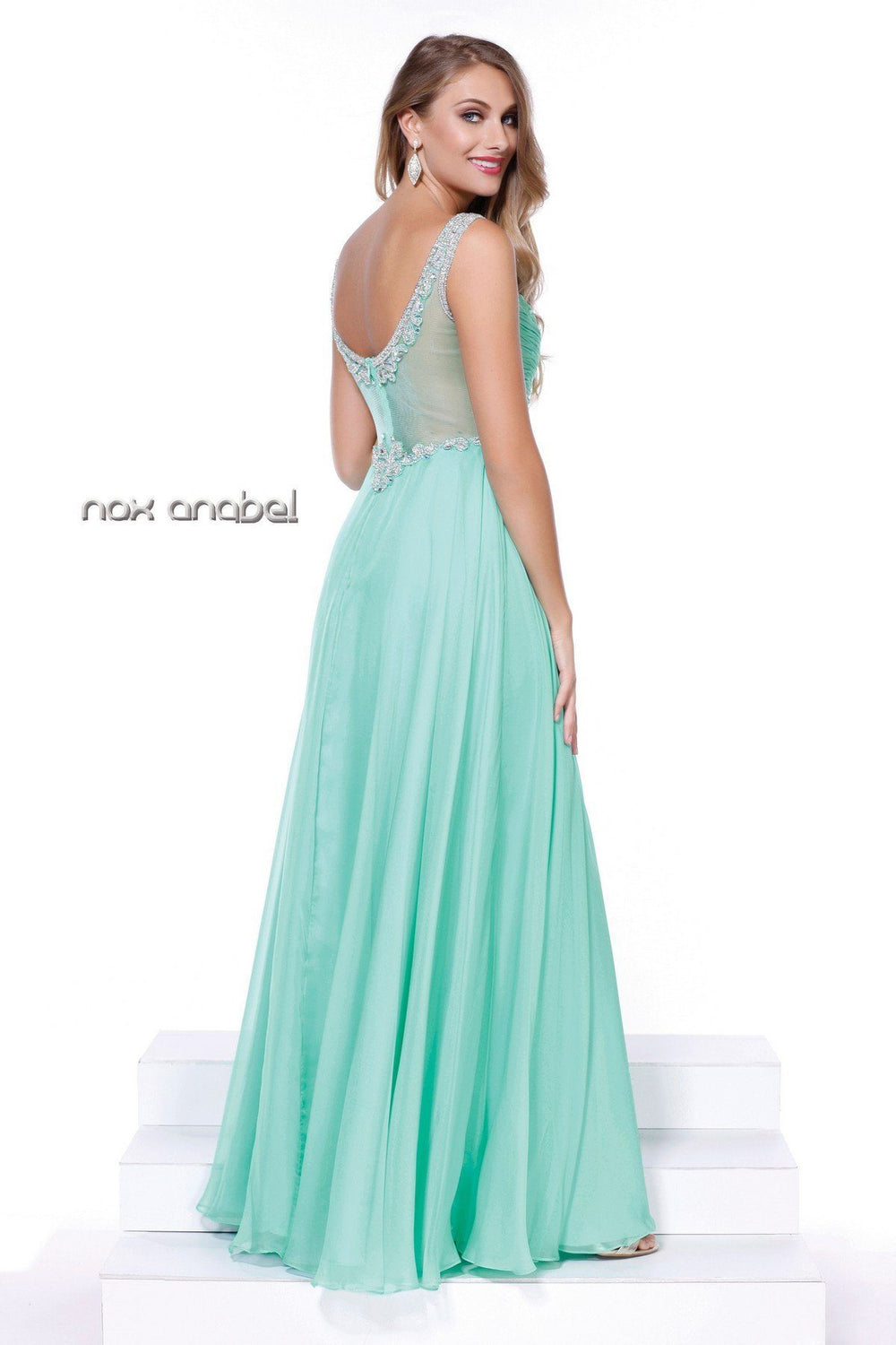 Long Sleeveless Beaded Illusion Dress by Nox Anabel 8155-Long Formal Dresses-ABC Fashion