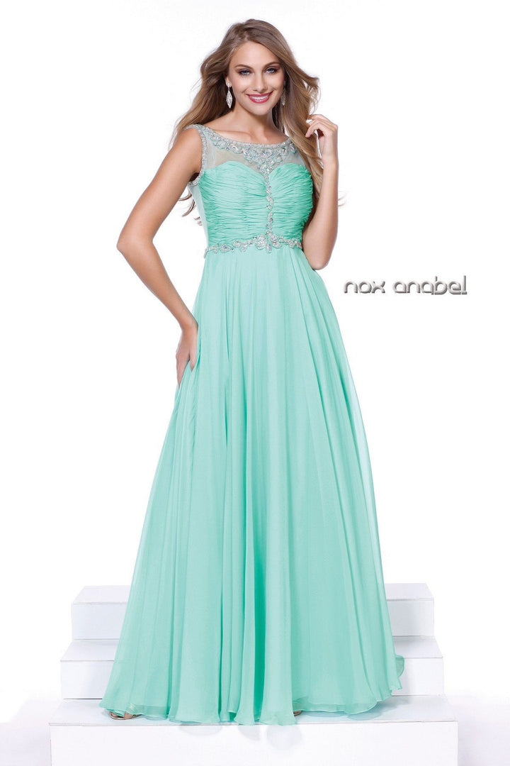 Long Sleeveless Beaded Illusion Dress by Nox Anabel 8155-Long Formal Dresses-ABC Fashion
