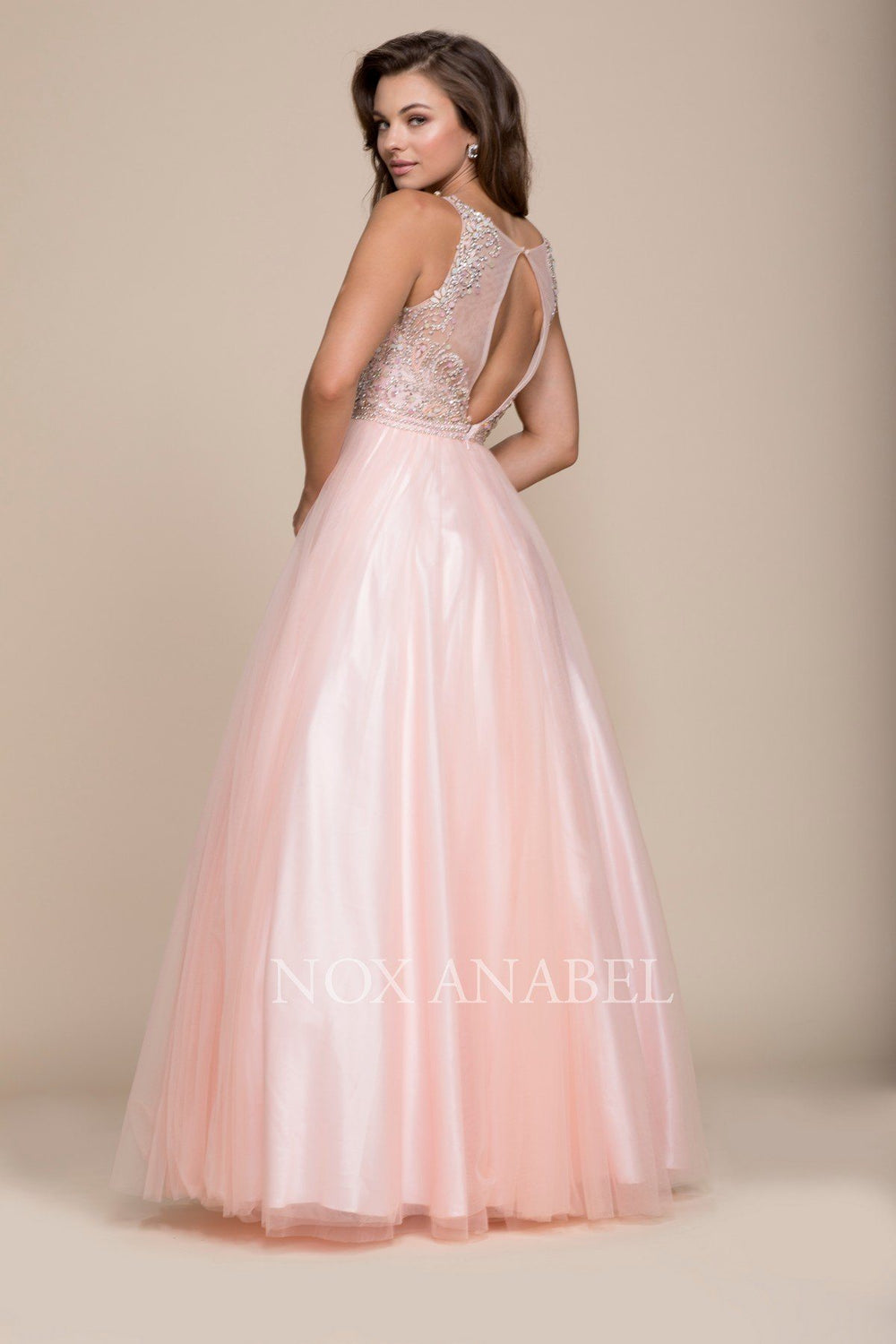 Long Sleeveless Beaded Illusion Dress by Nox Anabel 8248-Long Formal Dresses-ABC Fashion