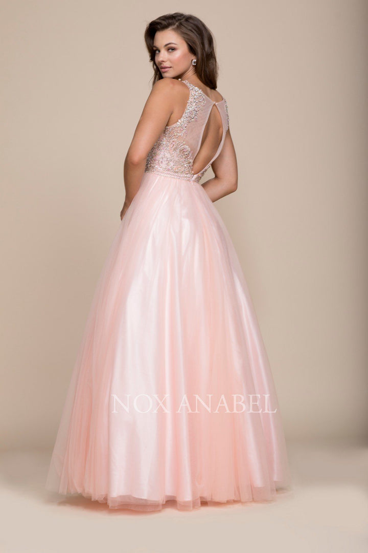 Long Sleeveless Beaded Illusion Dress by Nox Anabel 8248-Long Formal Dresses-ABC Fashion