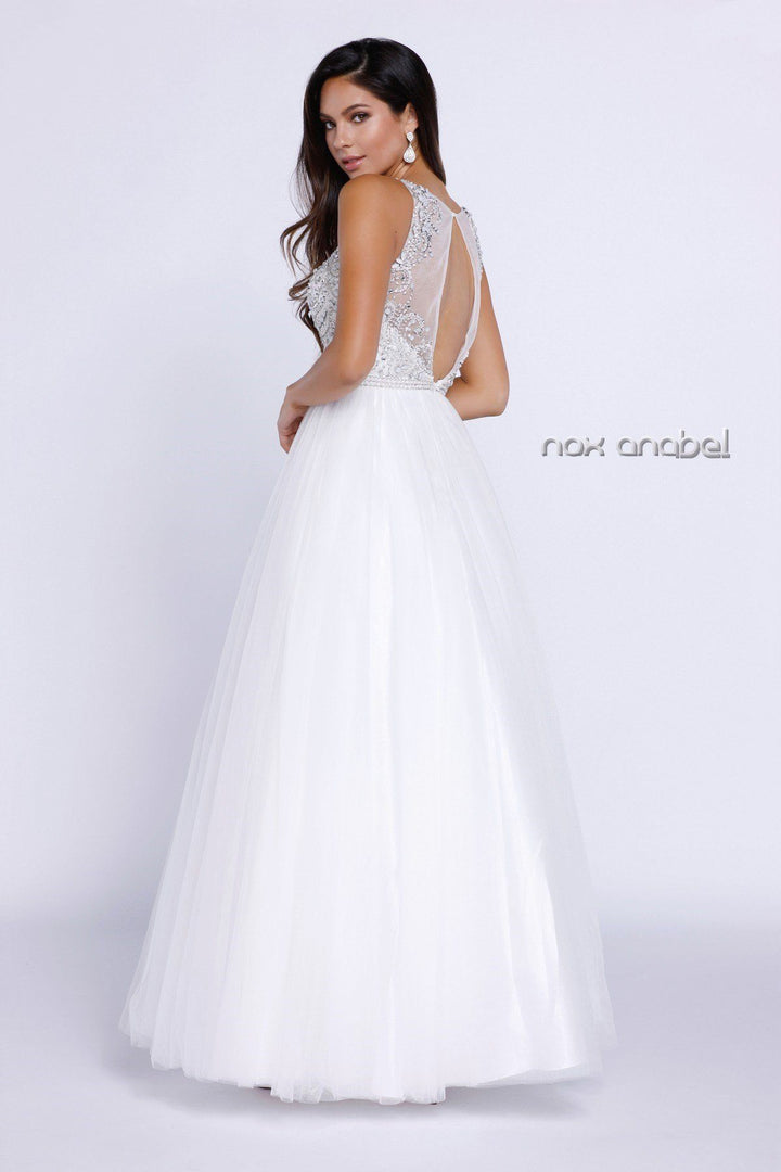 Long Sleeveless Beaded Illusion Dress by Nox Anabel 8248-Long Formal Dresses-ABC Fashion