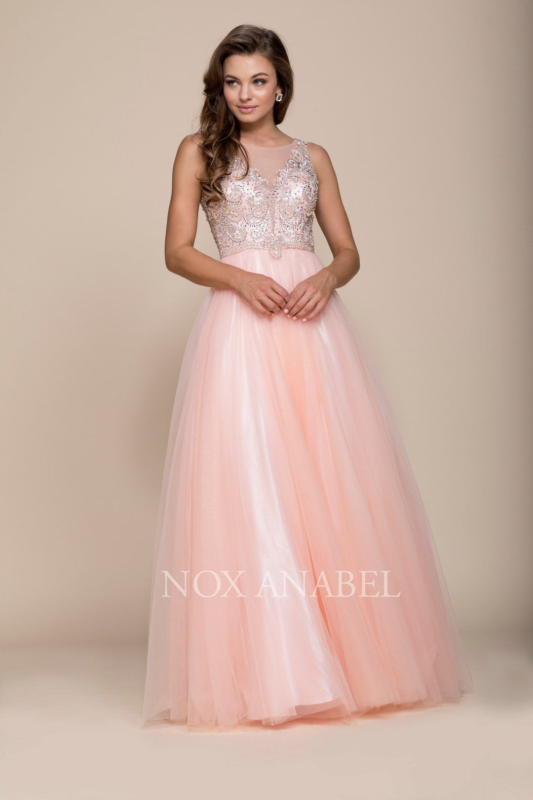 Long Sleeveless Beaded Illusion Dress by Nox Anabel 8248-Long Formal Dresses-ABC Fashion
