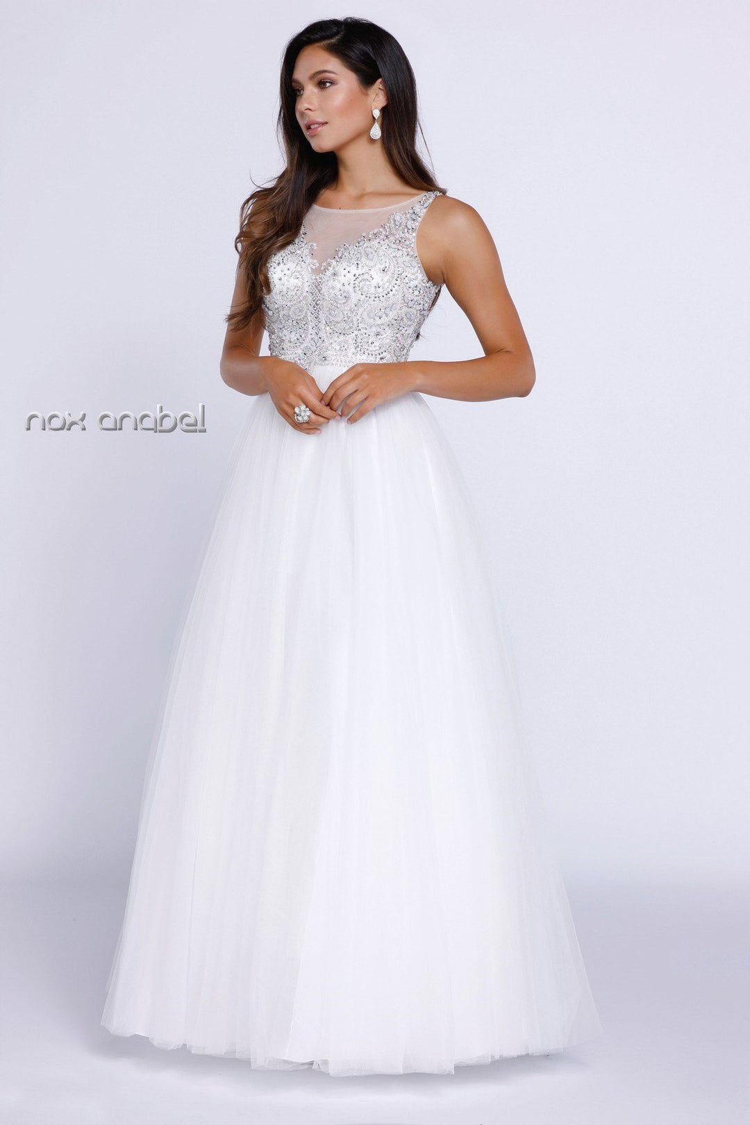 Long Sleeveless Beaded Illusion Dress by Nox Anabel 8248-Long Formal Dresses-ABC Fashion