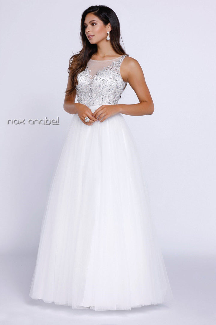 Long Sleeveless Beaded Illusion Dress by Nox Anabel 8248-Long Formal Dresses-ABC Fashion