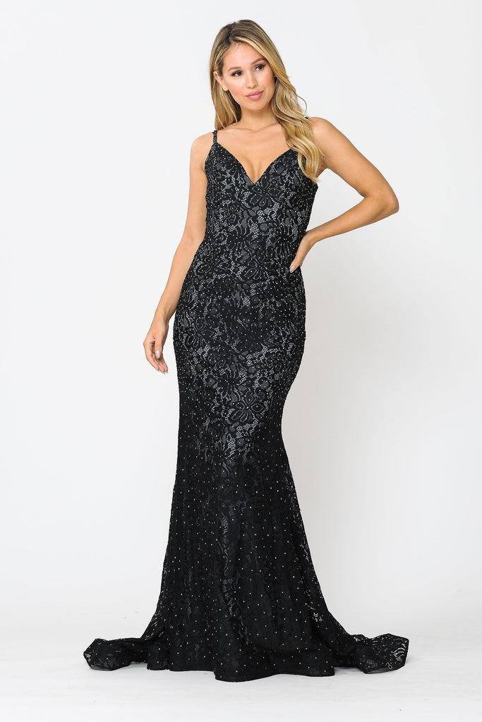 black sleeveless v neck mermaid dress Poly USA 8590 Long Sleeveless Beaded Lace Mermaid Dress