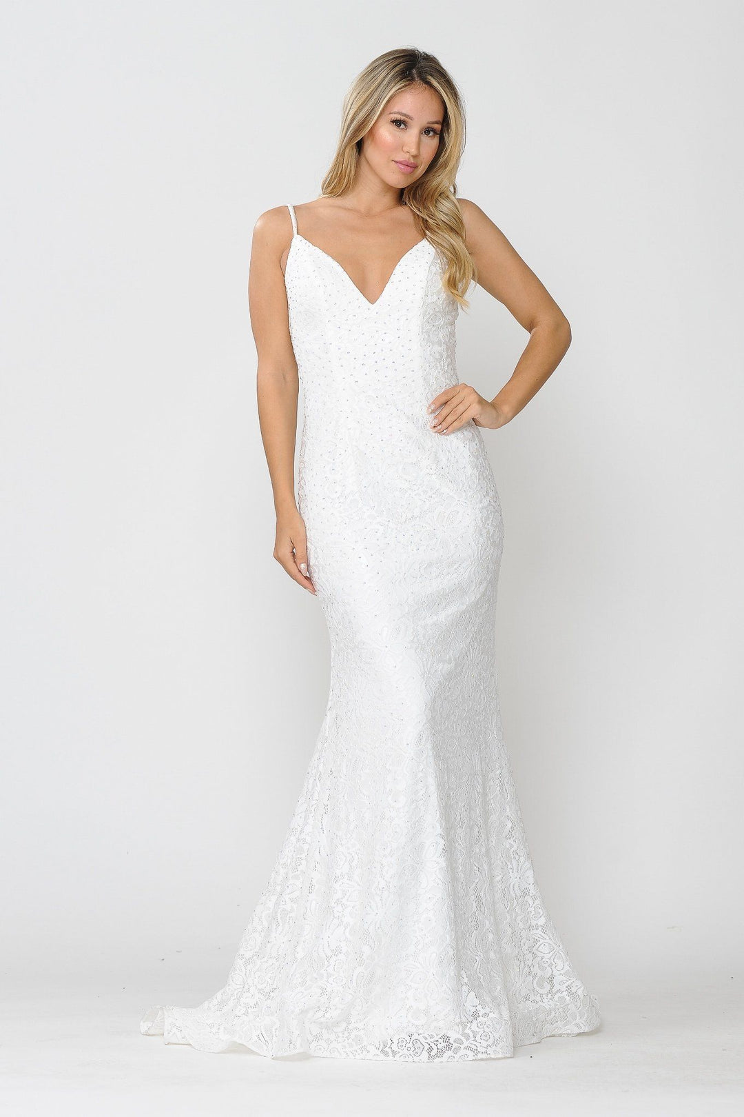 Long Sleeveless Beaded Lace Mermaid Dress by Poly USA 8590