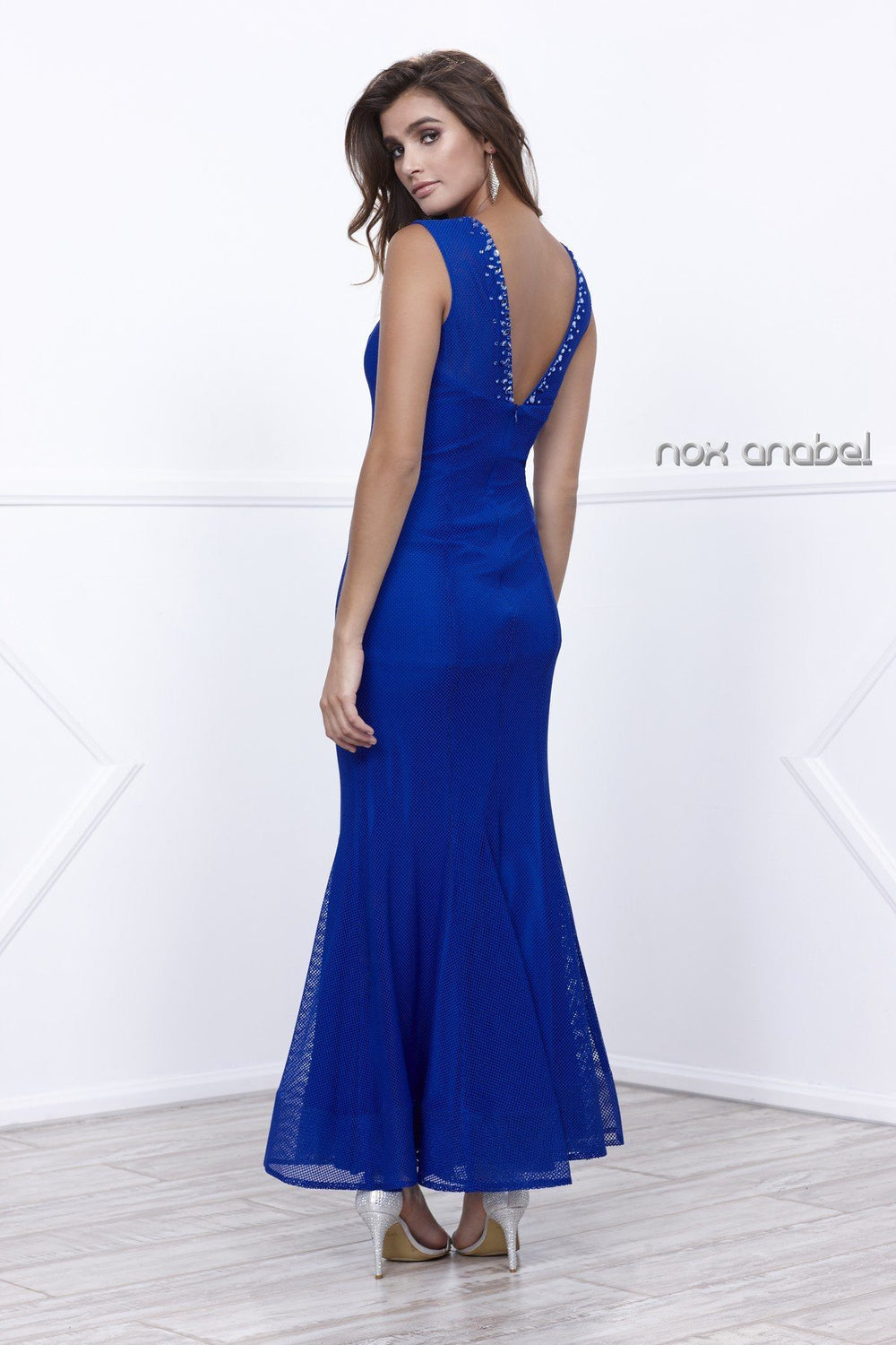 Long Sleeveless Beaded Mesh Dress by Nox Anabel 8259-Long Formal Dresses-ABC Fashion