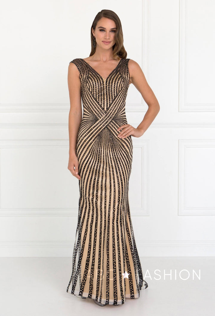 Long Sleeveless Beaded V-Neck Dress by Elizabeth K GL2053-Long Formal Dresses-ABC Fashion