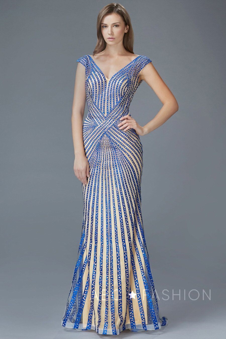 Beaded Sheath Evening Gown by Elizabeth K GL2053 | Formal Dress Shops R.Blue/Nude / XS Beaded Sheath Evening Gown by Elizabeth K GL2053 | Formal Dress Shops R.Blue/Nude / XS