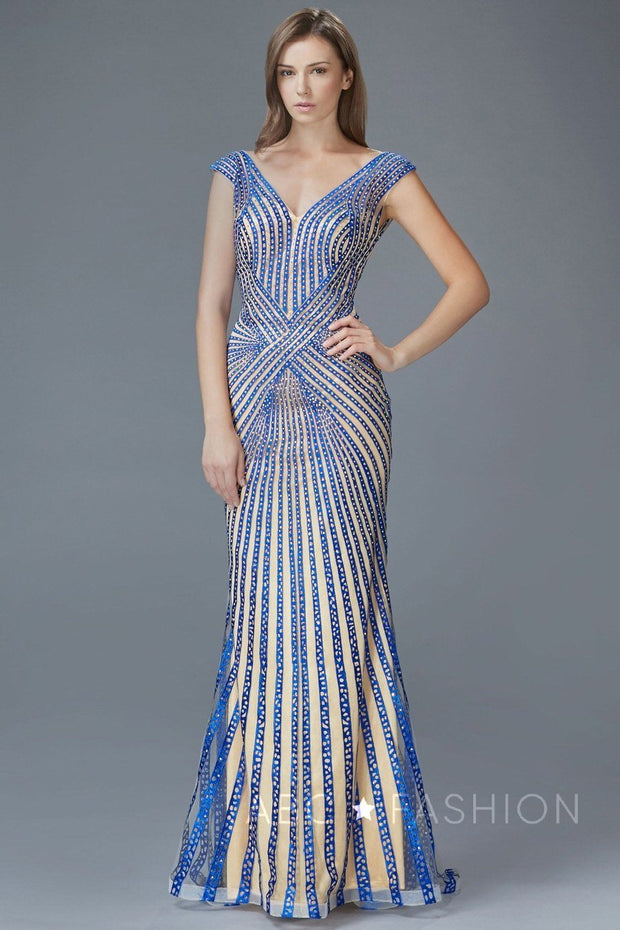 Long Sleeveless Beaded V-Neck Dress by Elizabeth K GL2053-Long Formal Dresses-ABC Fashion