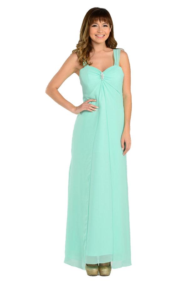 Long Sleeveless Chiffon Dress with Brooch by Poly USA-Long Formal Dresses-ABC Fashion