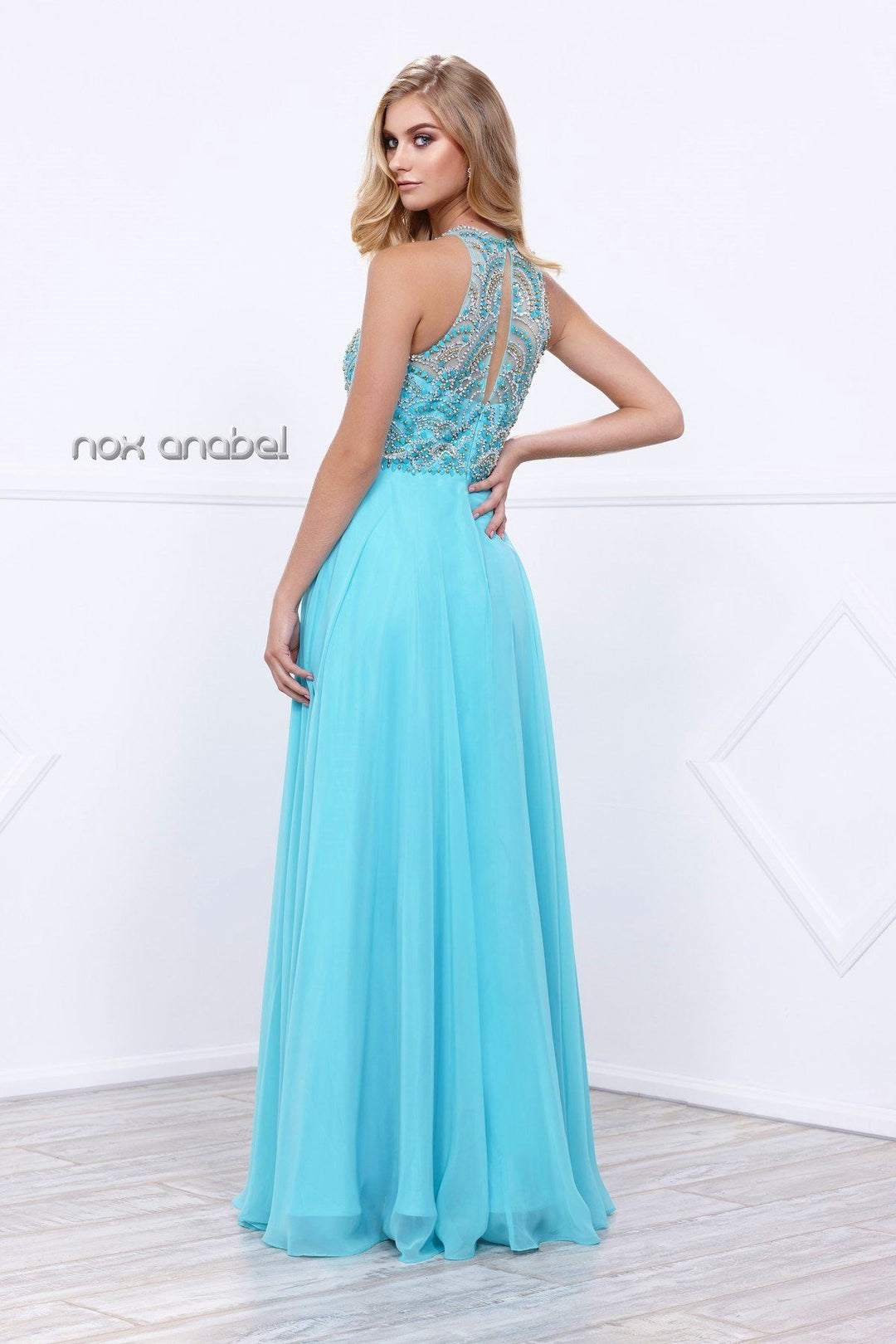 Long Sleeveless Dress with Beaded Bodice by Nox Anabel 8277-Long Formal Dresses-ABC Fashion