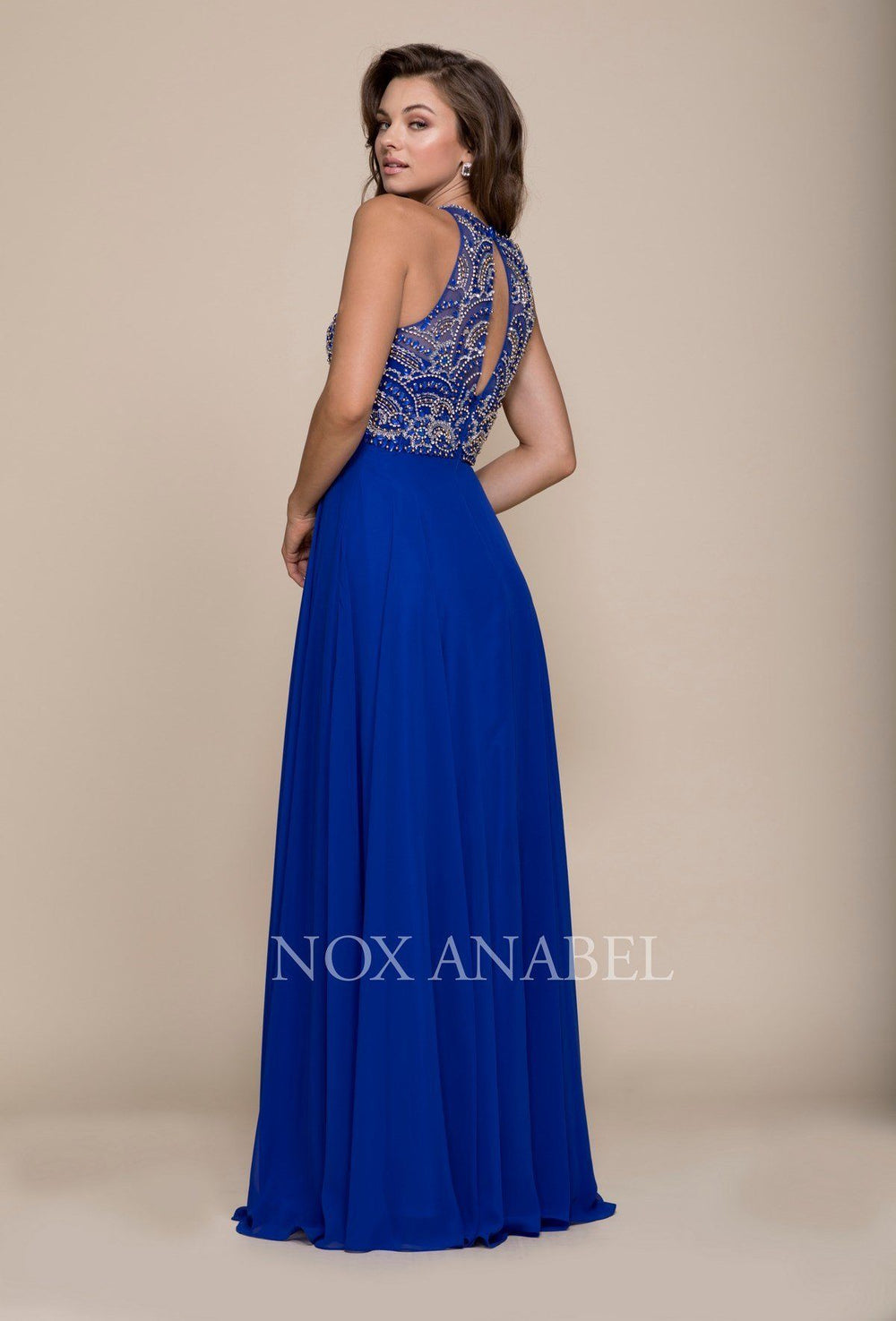 Long Sleeveless Dress with Beaded Bodice by Nox Anabel 8277-Long Formal Dresses-ABC Fashion