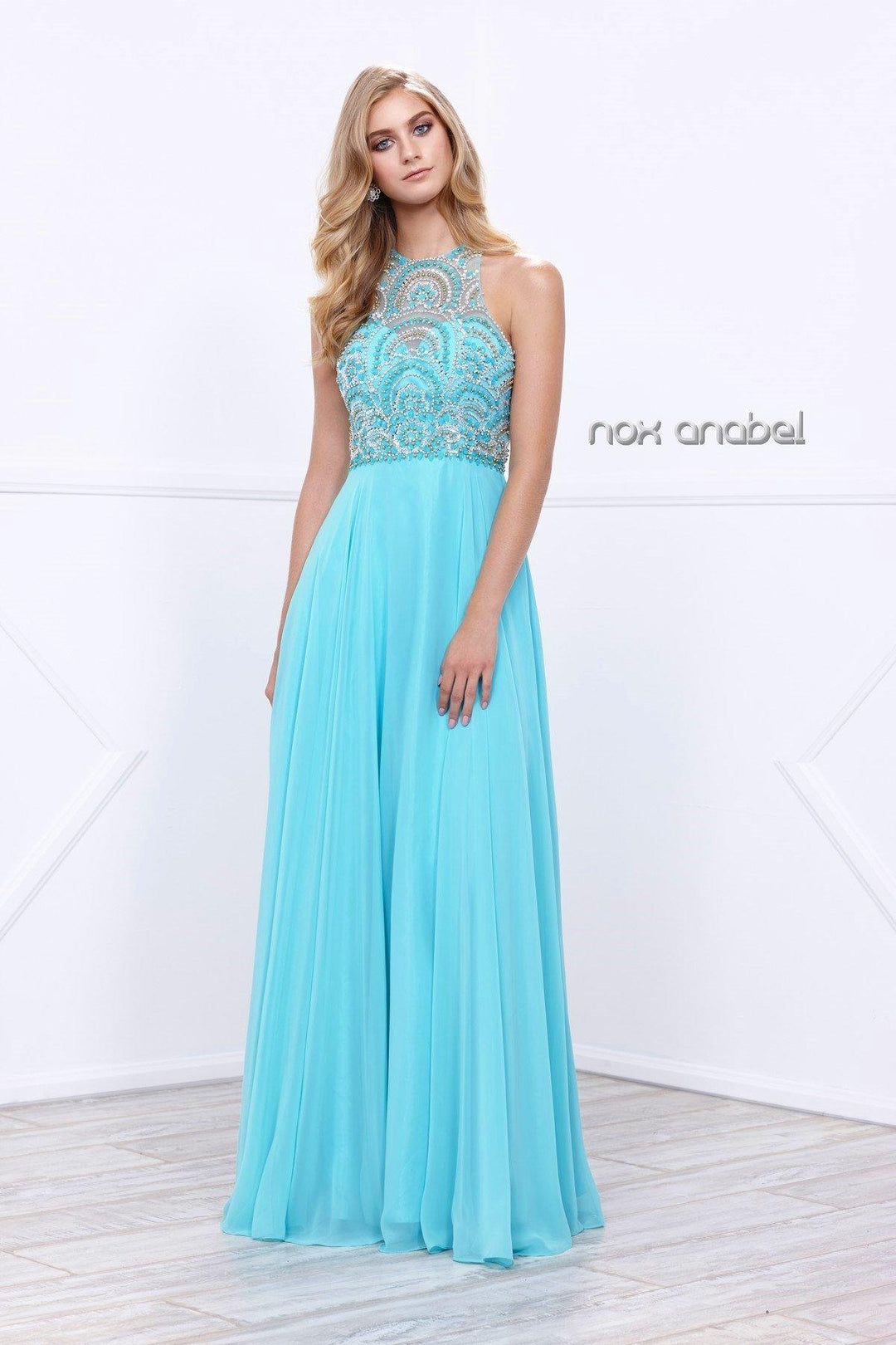 Long Sleeveless Dress with Beaded Bodice by Nox Anabel 8277-Long Formal Dresses-ABC Fashion