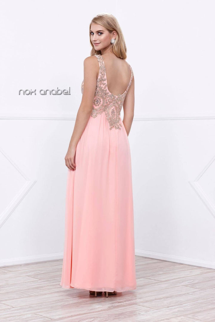 Long Sleeveless Dress with Beaded Embroidery by Nox Anabel 8343-Long Formal Dresses-ABC Fashion