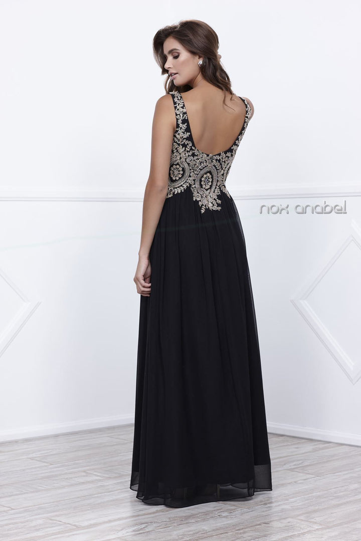 Long Sleeveless Dress with Beaded Embroidery by Nox Anabel 8343-Long Formal Dresses-ABC Fashion