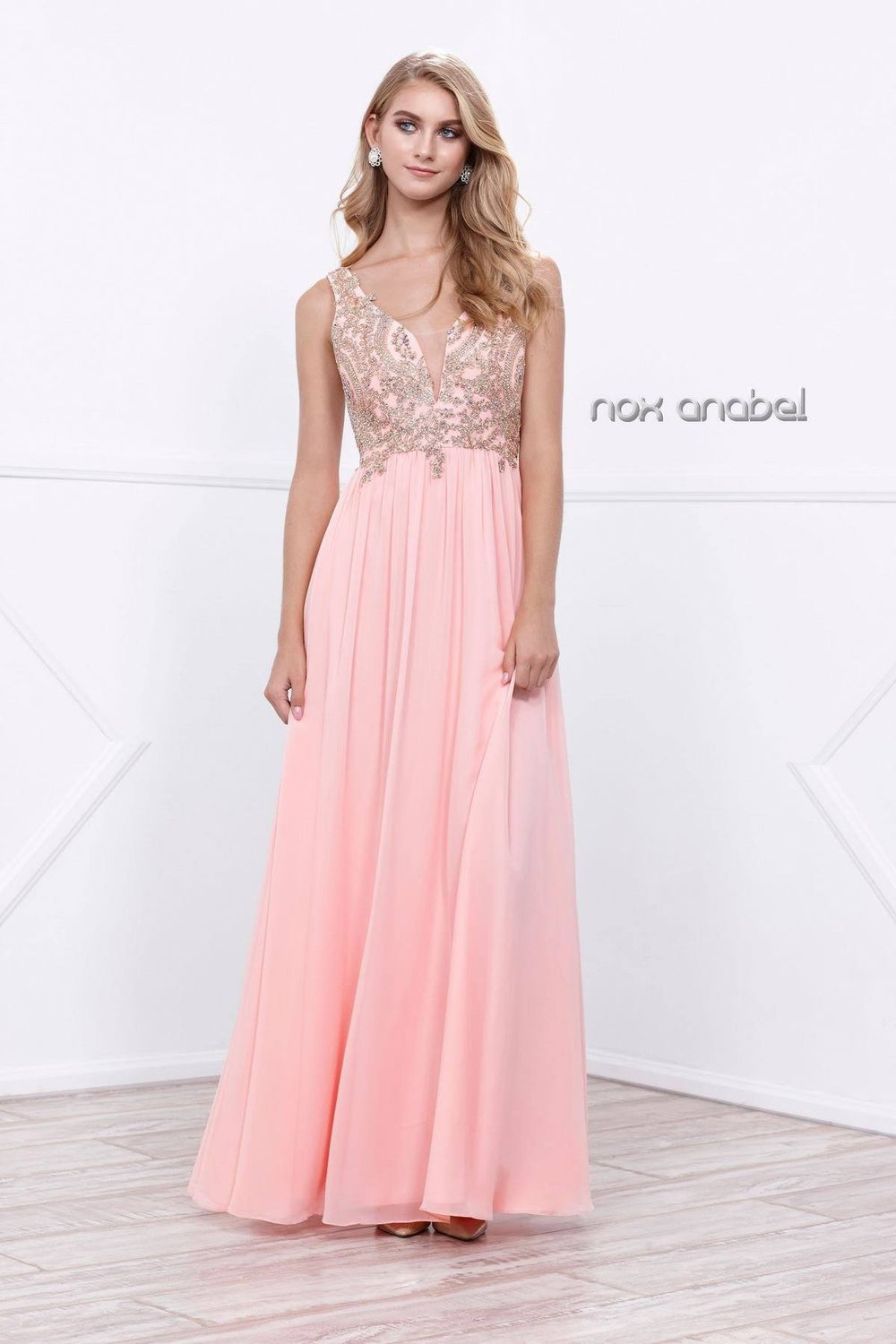 Long Sleeveless Dress with Beaded Embroidery by Nox Anabel 8343-Long Formal Dresses-ABC Fashion