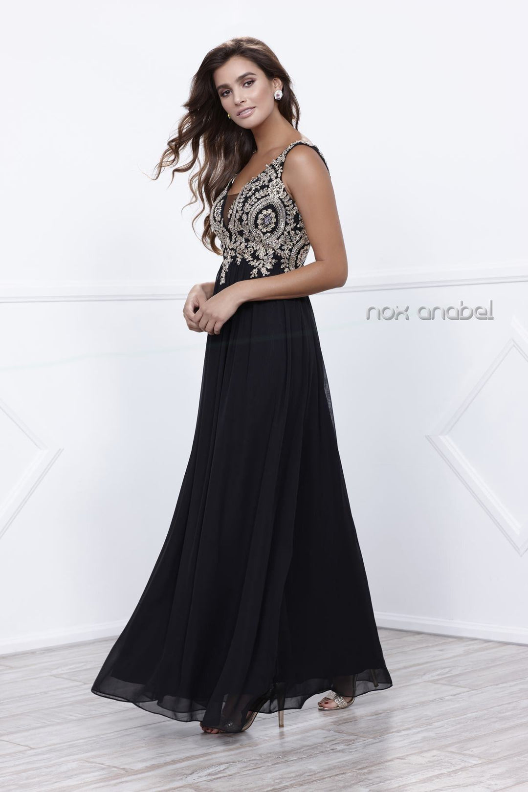 Long Sleeveless Dress with Beaded Embroidery by Nox Anabel 8343-Long Formal Dresses-ABC Fashion