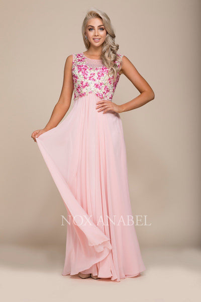 Long Sleeveless Dress with Floral Embroidery by Nox Anabel 8306-Long Formal Dresses-ABC Fashion