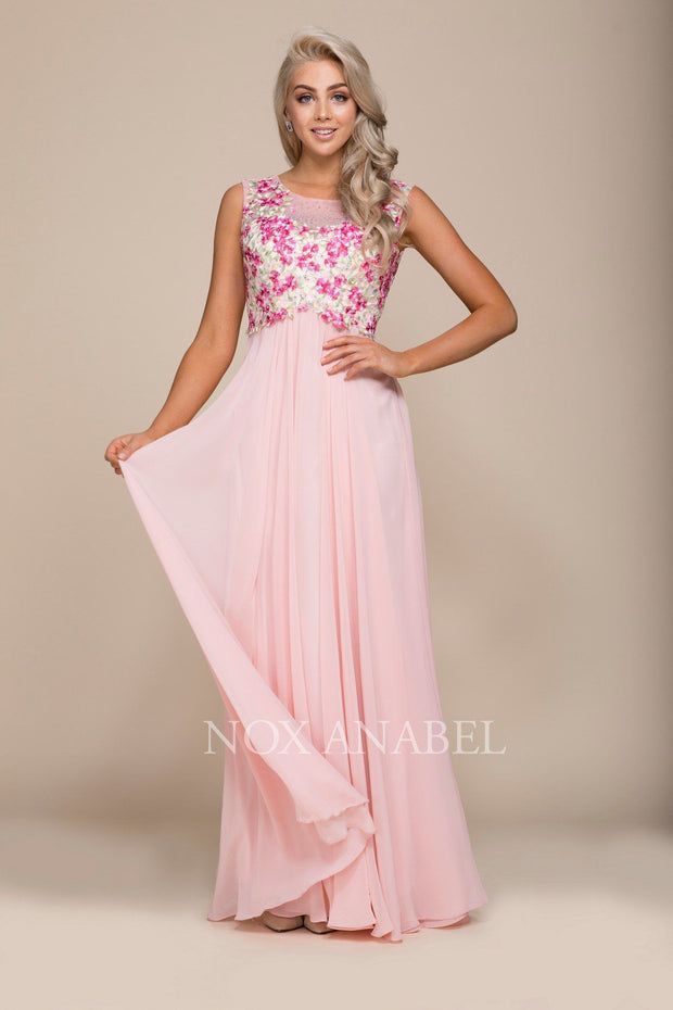Long Sleeveless Dress with Floral Embroidery by Nox Anabel 8306-Long Formal Dresses-ABC Fashion