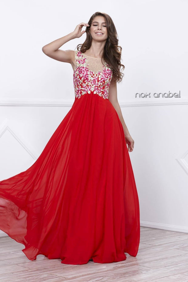 Long Sleeveless Dress with Floral Embroidery by Nox Anabel 8306-Long Formal Dresses-ABC Fashion