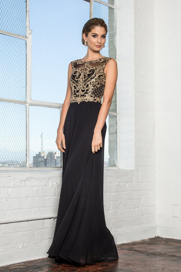 Long Sleeveless Dress with Gold Applique by Elizabeth K GL2316 S / Black