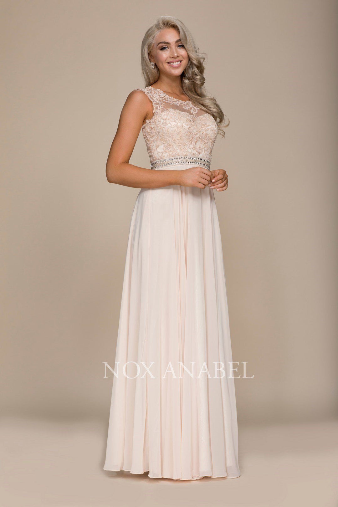 Long Sleeveless Dress with Lace Bodice by Nox Anabel Y101-Long Formal Dresses-ABC Fashion