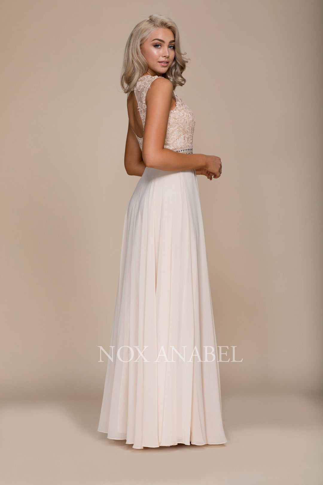 Long Sleeveless Dress with Lace Bodice by Nox Anabel Y101-Long Formal Dresses-ABC Fashion