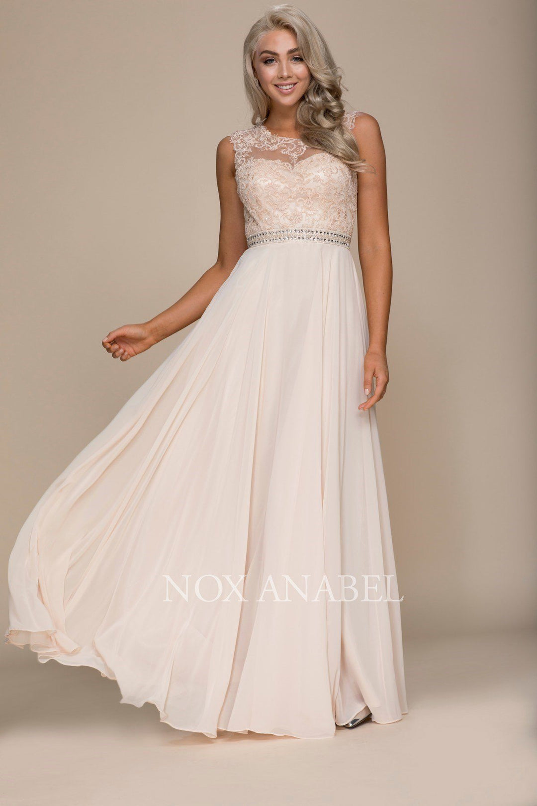 Long Sleeveless Dress with Lace Bodice by Nox Anabel Y101-Long Formal Dresses-ABC Fashion