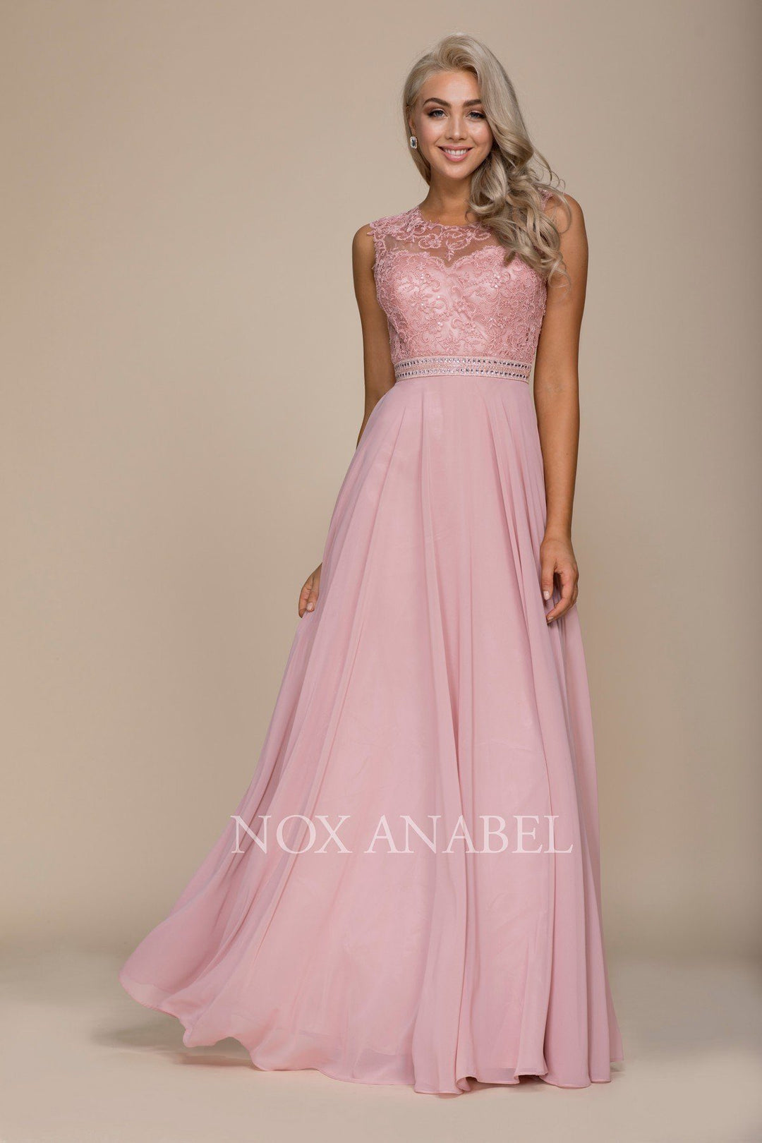 Long Sleeveless Dress with Lace Bodice by Nox Anabel Y101-Long Formal Dresses-ABC Fashion