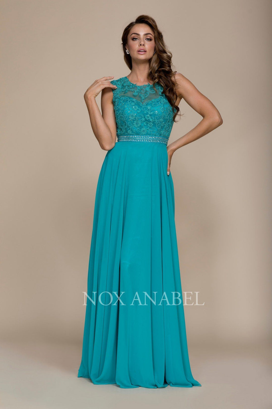 Long Sleeveless Dress with Lace Bodice by Nox Anabel Y101-Long Formal Dresses-ABC Fashion