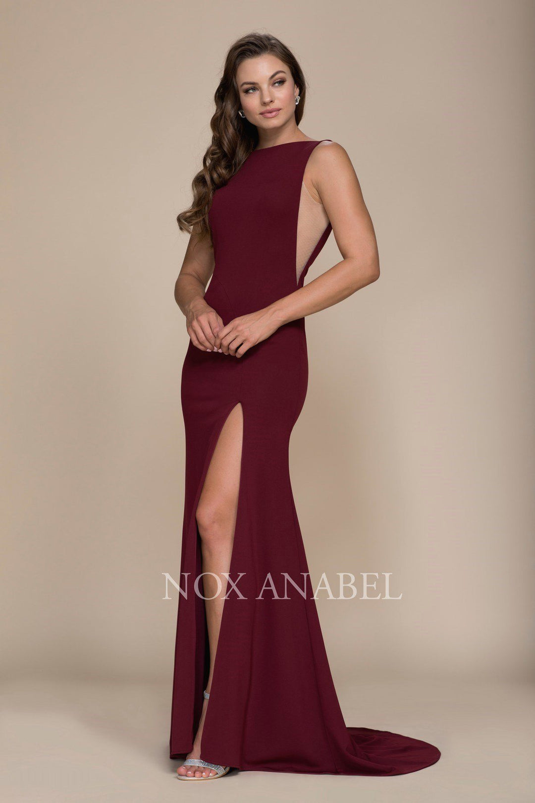 Long Sleeveless Dress with Sheer Panels by Nox Anabel C024-Long Formal Dresses-ABC Fashion
