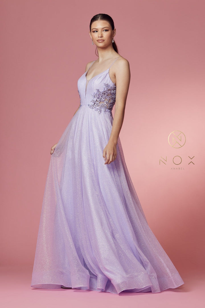 Long Sleeveless Glitter Dress by Nox Anabel T1033