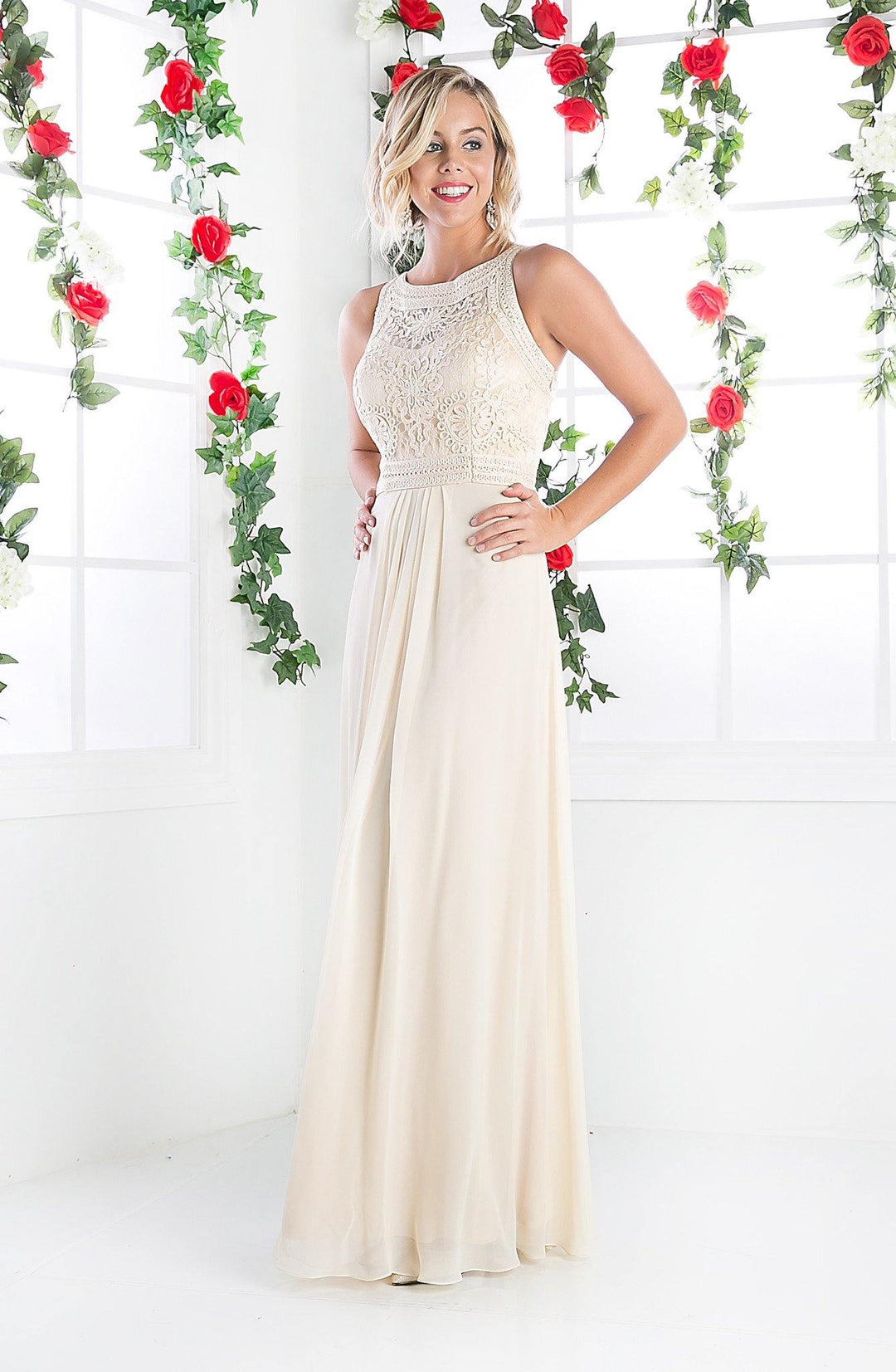 Long Sleeveless Lace Overlay by Cinderella Divine 1938-Long Formal Dresses-ABC Fashion