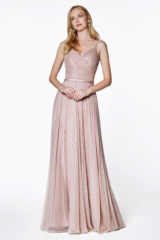Long Sleeveless Metallic Dress with Pleated Top by Cinderella Divine CJ269-Long Formal Dresses-ABC Fashion