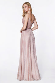 Long Sleeveless Metallic Dress with Pleated Top by Cinderella Divine CJ269-Long Formal Dresses-ABC Fashion