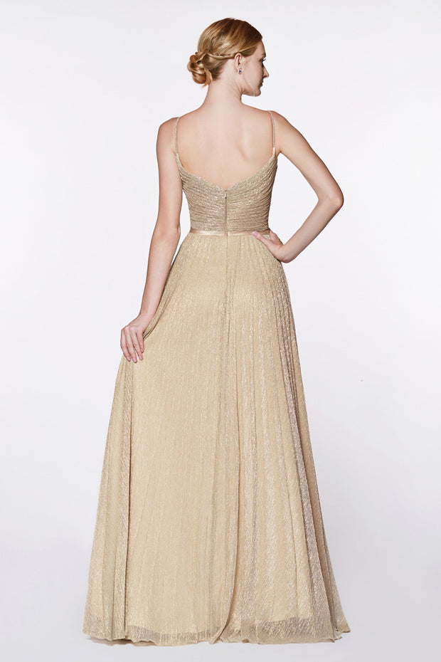 Long Sleeveless Metallic Dress with Pleated Top by Cinderella Divine CJ269-Long Formal Dresses-ABC Fashion
