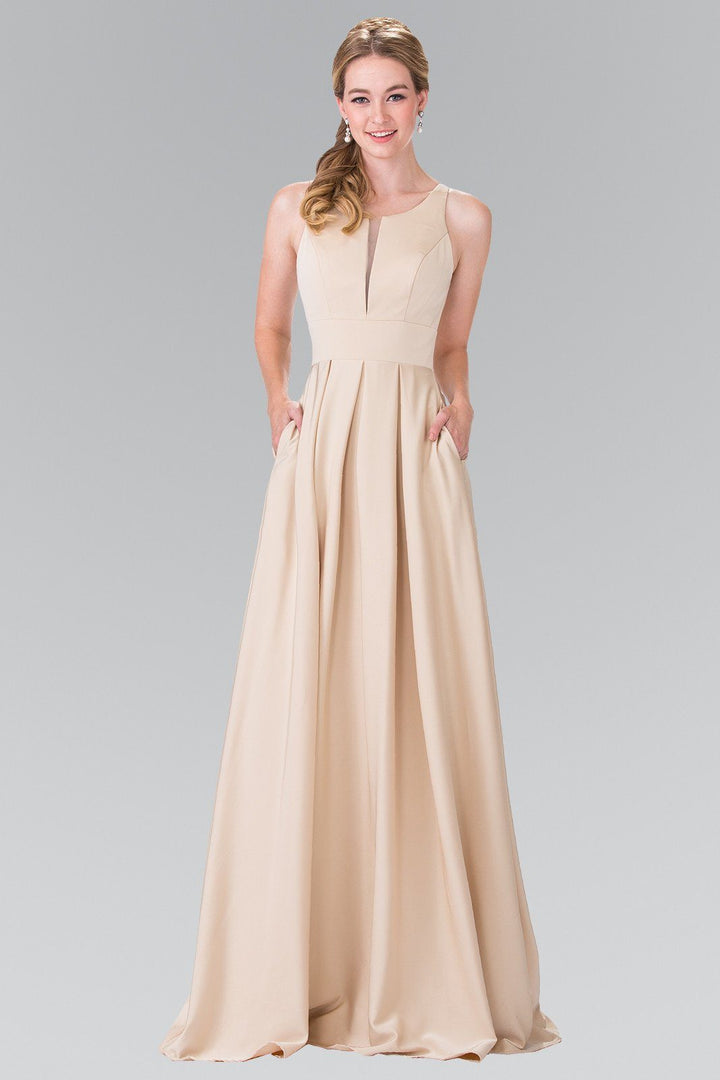 Long Sleeveless Pleated Dress with Sheer Panel by Elizabeth K GL2365-Long Formal Dresses-ABC Fashion