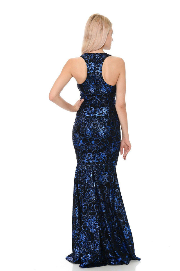 Long Sleeveless Sequined Floral Dress by Lenovia 5135-Long Formal Dresses-ABC Fashion
