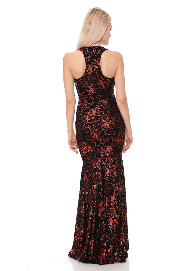 Long Sleeveless Sequined Floral Dress by Lenovia 5135-Long Formal Dresses-ABC Fashion