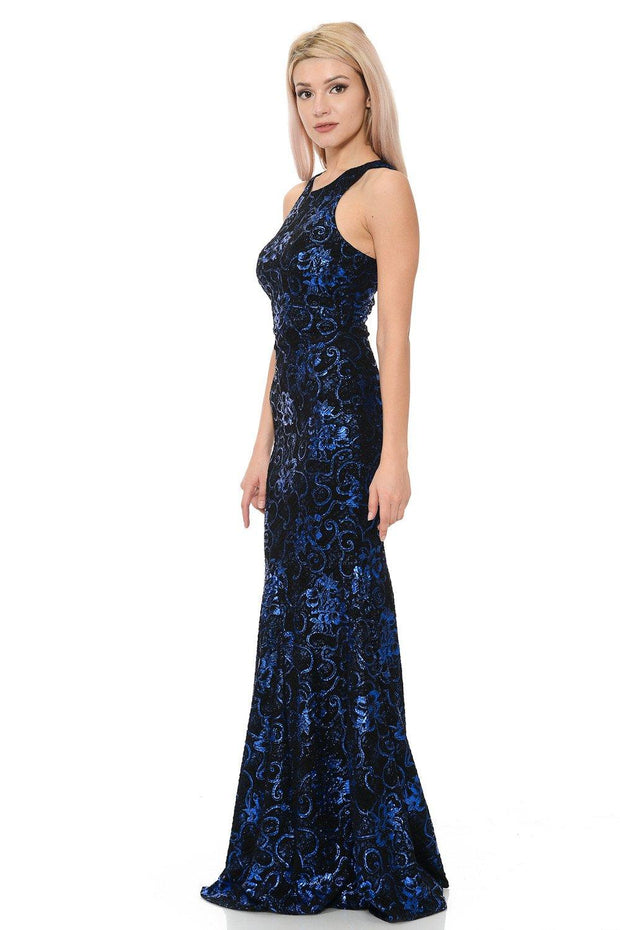 Long Sleeveless Sequined Floral Dress by Lenovia 5135-Long Formal Dresses-ABC Fashion