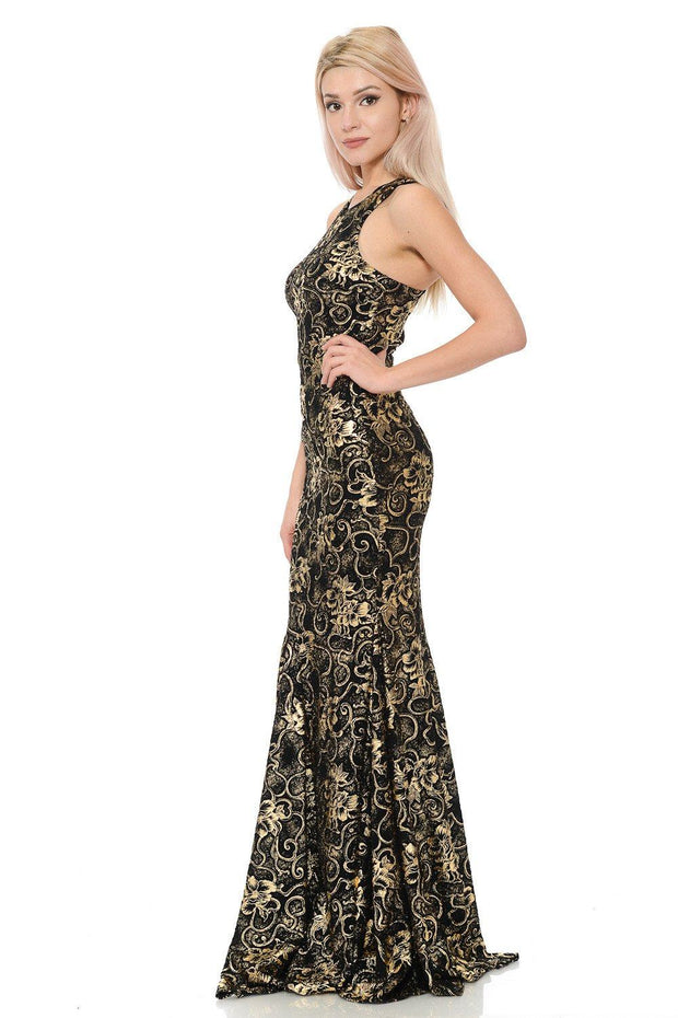 Long Sleeveless Sequined Floral Dress by Lenovia 5135-Long Formal Dresses-ABC Fashion