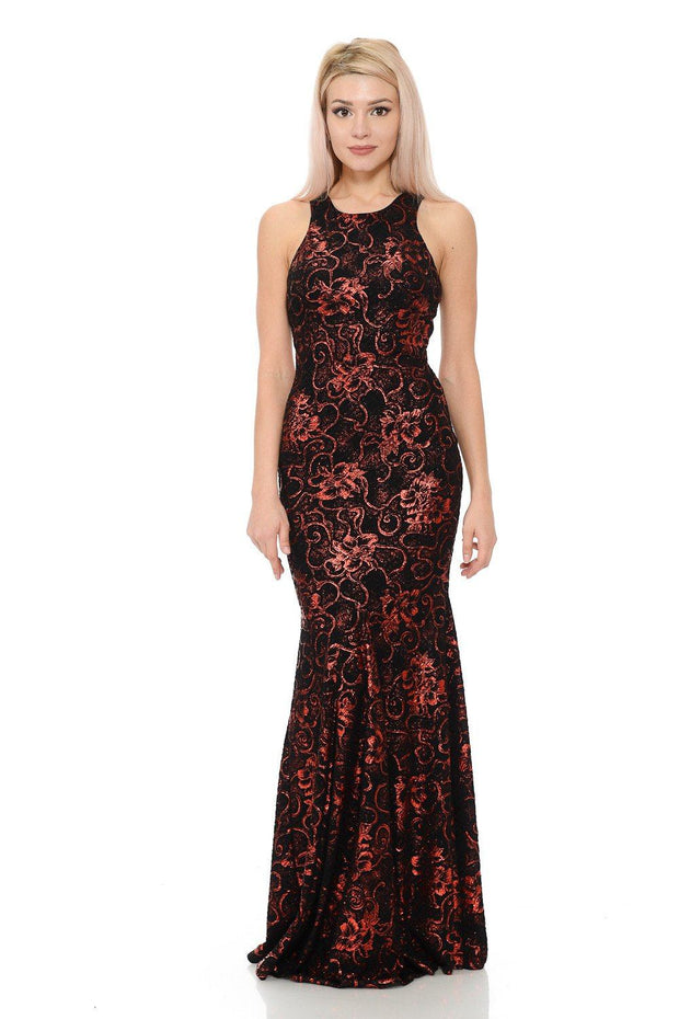 Long Sleeveless Sequined Floral Dress by Lenovia 5135-Long Formal Dresses-ABC Fashion