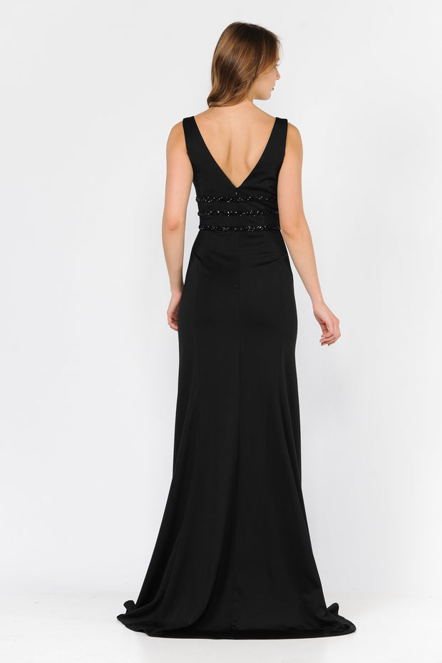 Long Sleeveless V-Neck Dress with Beaded Bands by Poly USA 8222-Long Formal Dresses-ABC Fashion