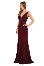 Long Sleeveless V-Neck Dress with Beaded Bands by Poly USA 8222-Long Formal Dresses-ABC Fashion