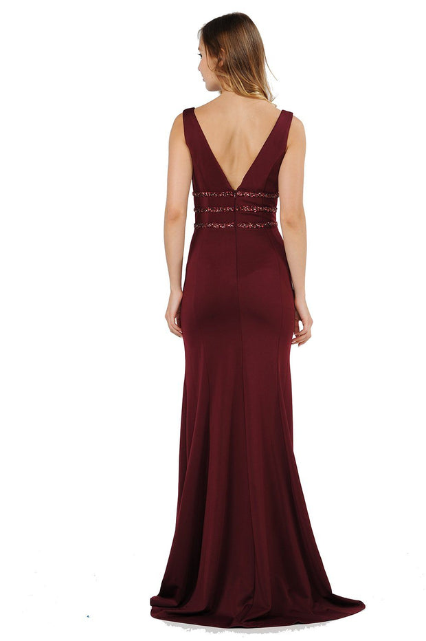Long Sleeveless V-Neck Dress with Beaded Bands by Poly USA 8222-Long Formal Dresses-ABC Fashion